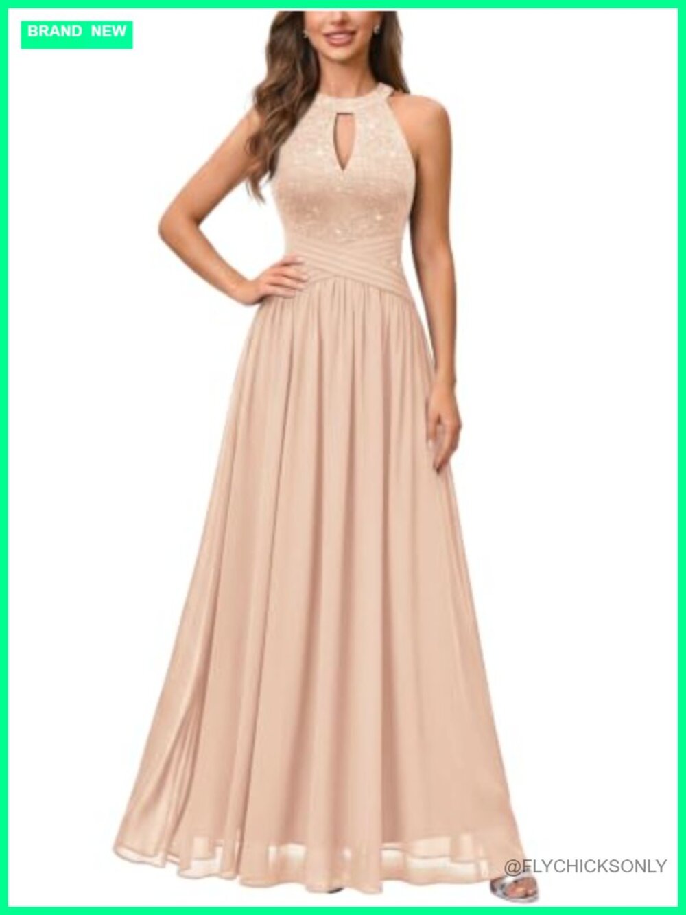 Halter Sleeveless Lace Chiffon Formal Evening Maxi Dress